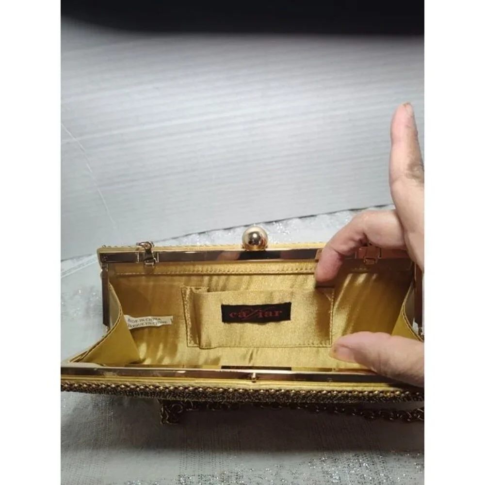 Vintage Retro Caziar Chainmail Clutch Bag Matte Gold‎ With Clasp Chain Strap